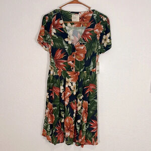 Fordays NWT Hawaii Floral Lightweight Button Down V-Neck Tie-Back Midi Dress / M